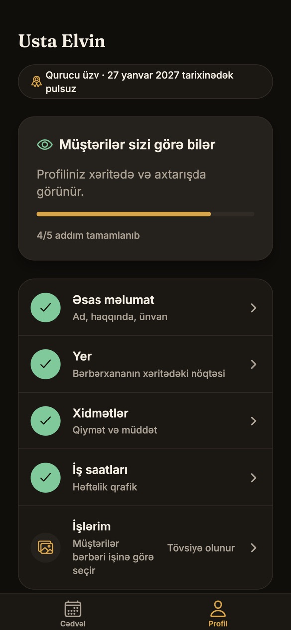 Bərbər profili qurma ekranı